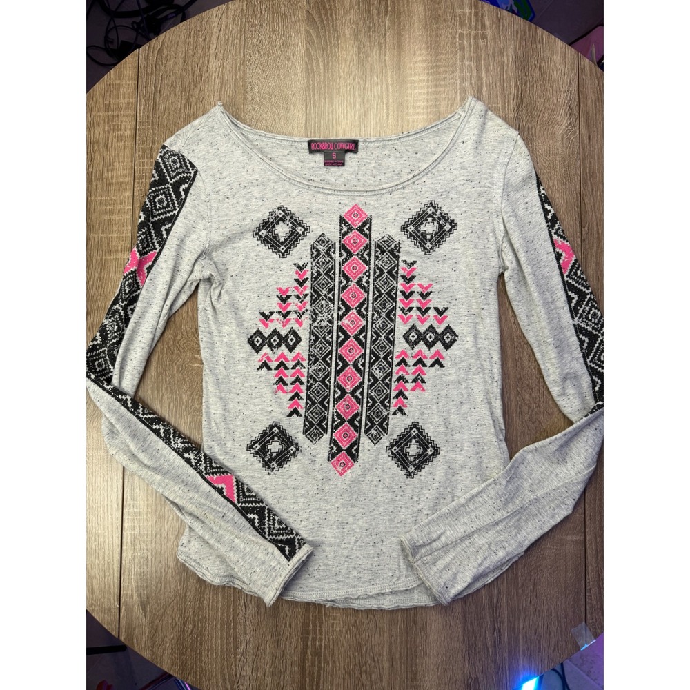 Rock and Roll Cowgirl Grey Pink Tribal Rhinestone Long Sleeve Top 48T4246 Small